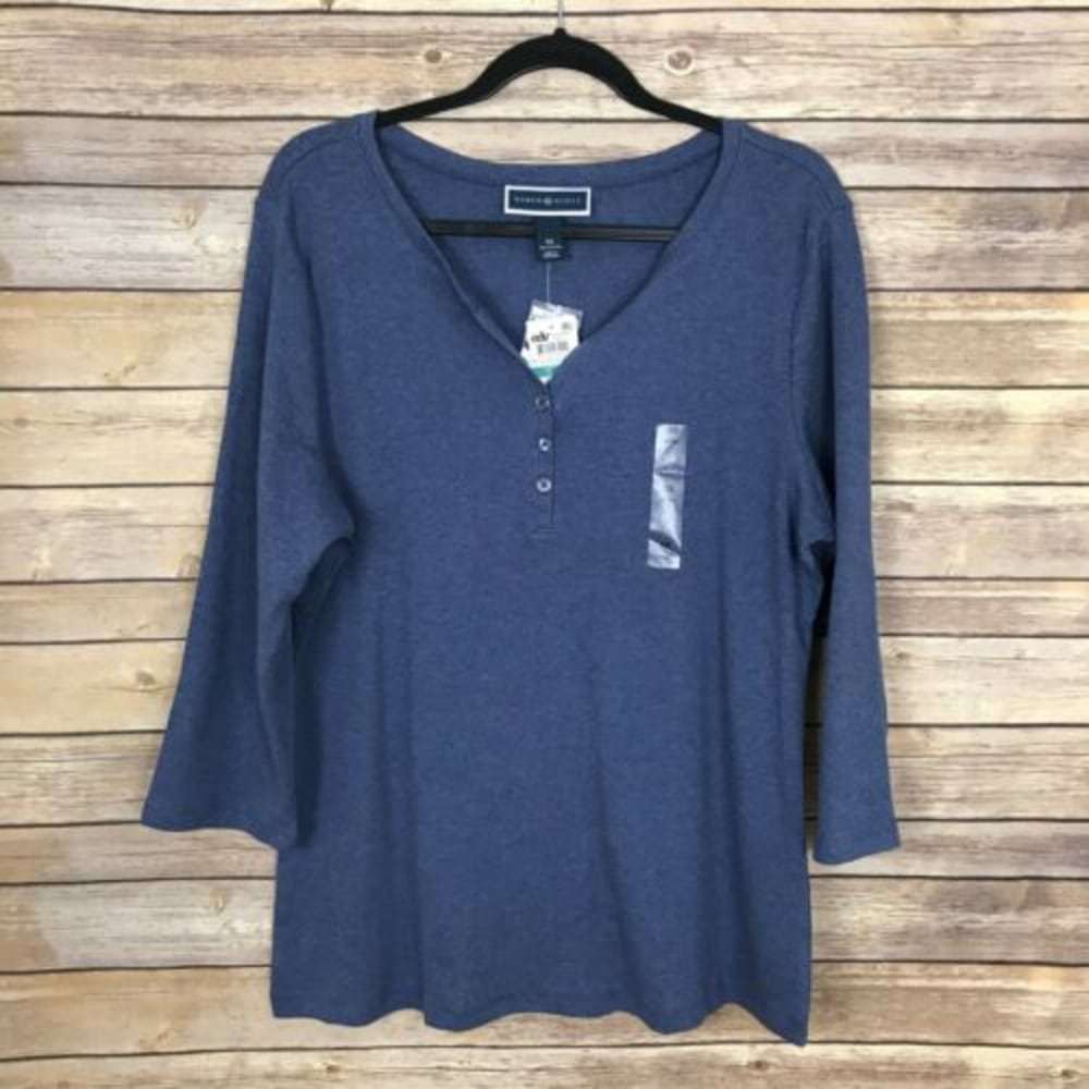 Karen Scott 0X 1/4 Button Blue Henley Top B26